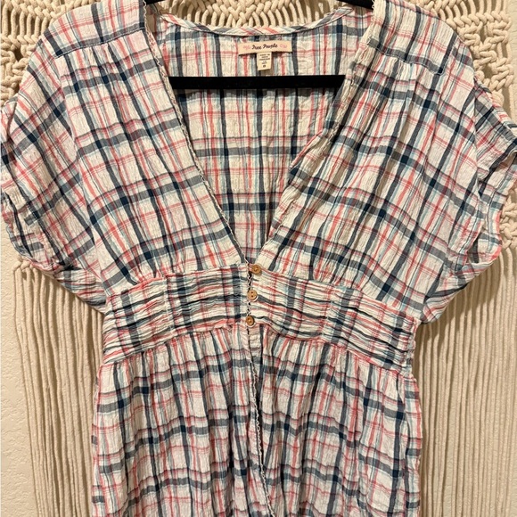 Free People Tops - Free People Rouched Blouse Size 8 | Multicolor Plaid Ivory Blue Pink Vintage